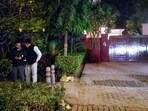 Security officials seen standing near the Embassy of Israel after Delhi Police received a call about a blast near the embassy.