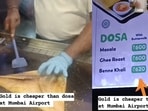 The image shows an individual making a masala dosa (left), and the menu of the eatery at the Mumbai Airport (right). The image shows an individual making a masala dosa (left), and the menu of the eatery at the Mumbai Airport (right).