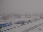 Nebraska Department of Transportation camera showed jackknifed semis completely blocking traffic with dozens of vehicles piled up on the highway Nebraska Department of Transportation camera showed jackknifed semis completely blocking traffic with dozens of vehicles piled up on the highway