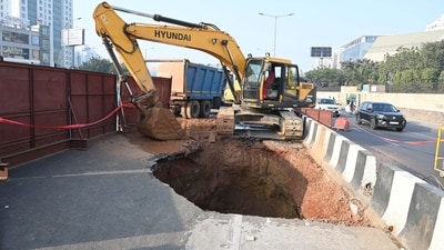 The repairing work of caved in road at Gurugram-Sohna elevated expressway going on at sector-47 near SD Adarsh Vidyalaya, in Gurugram The repairing work of caved in road at Gurugram-Sohna elevated expressway going on at sector-47 near SD Adarsh Vidyalaya, in Gurugram