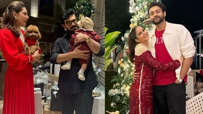 Upasana Konidela, Ram Charan, Lavanya Tripathi, Varun Tej at the Christmas party (Instagram) Upasana Konidela, Ram Charan, Lavanya Tripathi, Varun Tej at the Christmas party (Instagram)