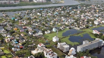 An aerial view of the flood-affected areas in and around Chennai on December 7. (ANI) An aerial view of the flood-affected areas in and around Chennai on December 7. (ANI)