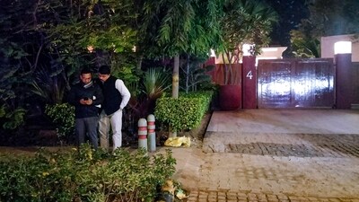 Security officials seen standing near the Embassy of Israel after Delhi Police received a call about a blast near the embassy. (PTI)