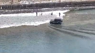 Snapshot of the Thar in the Chandra river. (X/@ANI) Snapshot of the Thar in the Chandra river. (X/@ANI)