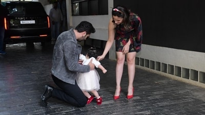 Ranbir, 41, and Alia, 30, posed with their 13-month-old for the paparazzi in the afternoon when they arrived for the Kapoor family's Christmas brunch. Ranbir, 41, and Alia, 30, posed with their 13-month-old for the paparazzi in the afternoon when they arrived for the Kapoor family's Christmas brunch. 