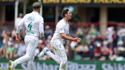Nandre Burger picked up his maiden Test wicket when he dismissed Yashasvi Jaiswal. He added Shubman Gill's wicket to his tally too. (Reuters)