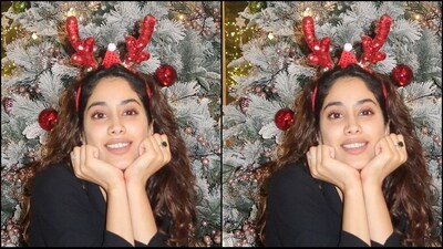 She kept her accessories to a minimum, opting for a diamond and green emerald ring to adorn her fingers and a cute Christmas-inspired hair band. She styled her lush locks into soft curls, leaving them open to cascade beautifully down her shoulders. (Instagram/@janhvikapoor)