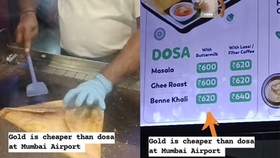 The image shows an individual making a masala dosa (left), and the menu of the eatery at the Mumbai Airport (right). (Instagram/@chefdonindia) The image shows an individual making a masala dosa (left), and the menu of the eatery at the Mumbai Airport (right). (Instagram/@chefdonindia)
