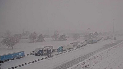 Nebraska Department of Transportation camera showed jackknifed semis completely blocking traffic with dozens of vehicles piled up on the highway Nebraska Department of Transportation camera showed jackknifed semis completely blocking traffic with dozens of vehicles piled up on the highway