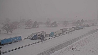 Nebraska Department of Transportation camera showed jackknifed semis completely blocking traffic with dozens of vehicles piled up on the highway Nebraska Department of Transportation camera showed jackknifed semis completely blocking traffic with dozens of vehicles piled up on the highway