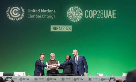 Prime Minister Narendra Modi with Sweden's Prime Minister Ulf Kristersson, President of Mozambique Filipe Jacinto Nyusi and European Council President Charles Michel at a high-level event on Green Credits Programme during the COP28, in UAE, Friday, Dec. 1, 2023. (PTI) Prime Minister Narendra Modi with Sweden's Prime Minister Ulf Kristersson, President of Mozambique Filipe Jacinto Nyusi and European Council President Charles Michel at a high-level event on Green Credits Programme during the COP28, in UAE, Friday, Dec. 1, 2023. (PTI)