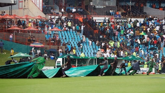 Ground staff come up with raincovers as rain halted play in the last session of Day 1 of the 1st Test between India and South Africa in the India tour of South Africa, 2023-24, at SuperSport Park, in Centurion on Tuesday (ICC Twitter)