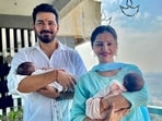 Rubina Dilaik and Abhinav Shukla with their twin babies. Rubina Dilaik and Abhinav Shukla with their twin babies.