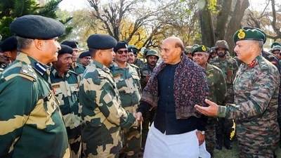 Defence Minister Rajnath Singh interacts with the Army troops during his visit to the border areas of Jammu and Kashmir (Rajnath Singh twitter) Defence Minister Rajnath Singh interacts with the Army troops during his visit to the border areas of Jammu and Kashmir (Rajnath Singh twitter)