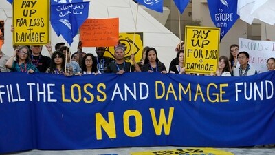 Activists demonstrate for the loss and damage fund at the COP28 U.N. Climate Summit, Wednesday, Dec. 6, 2023, in Dubai, United Arab Emirates. AP/PTI(AP12_06_2023_000286B) (AP) Activists demonstrate for the loss and damage fund at the COP28 U.N. Climate Summit, Wednesday, Dec. 6, 2023, in Dubai, United Arab Emirates. AP/PTI(AP12_06_2023_000286B) (AP)