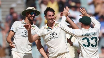 Australia's Pat Cummins, second left, celebrates the wicket of Pakistan's Abdullah Shafique (AP) Australia's Pat Cummins, second left, celebrates the wicket of Pakistan's Abdullah Shafique (AP)