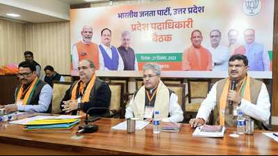 BJP national general secretary Dushyant Gautam, state BJP chief Bhupendra Chaudhary, state general secretary (organisation) Dharampal Singh and general secretary Govind Narayan Shukla at the party meeting in Lucknow on Wednesday. (HT Photo) BJP national general secretary Dushyant Gautam, state BJP chief Bhupendra Chaudhary, state general secretary (organisation) Dharampal Singh and general secretary Govind Narayan Shukla at the party meeting in Lucknow on Wednesday. (HT Photo)