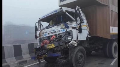 Wrecked remains of a truck on a highway after it met with an accident due to reduced visibility caused by fog, in Agra on Wednesday. (ANI Photo) Wrecked remains of a truck on a highway after it met with an accident due to reduced visibility caused by fog, in Agra on Wednesday. (ANI Photo)
