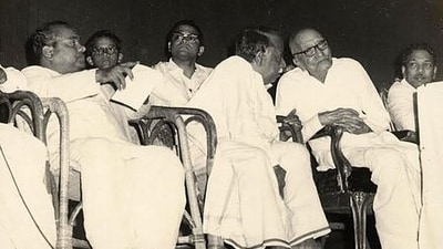 The fourth phase of the anti-Hindi struggle erupted in 1965 

(Front row : left to right) K. A. Mathialagan, C. N. Annadurai, Rajaji and M. Karunanidhi (Wikimedia Commons)