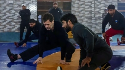 Congress leader Rahul Gandhi exercises with Olympian Bajrang Punia during his visit to the Virender Arya Akhara, in Jhajjar on Wednesday. (Congress-X) Congress leader Rahul Gandhi exercises with Olympian Bajrang Punia during his visit to the Virender Arya Akhara, in Jhajjar on Wednesday. (Congress-X)