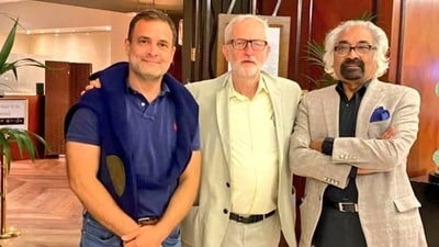 (L-R) Rahul Gandhi with Jeremy Corbyn and Sam Pitroda. (Twitter) (L-R) Rahul Gandhi with Jeremy Corbyn and Sam Pitroda. (Twitter)