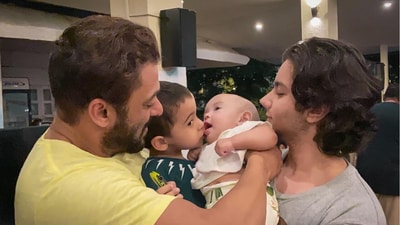 Salman and Nirvan cuddle with Arpita's kids Ahil and Aayat. Salman and Nirvan cuddle with Arpita's kids Ahil and Aayat.