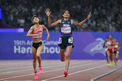 Parul Chaudhary crosses the finish line to win the women’s 5000m final, beating an astonished Ririka Hironaka of Japan, at the Asian Games in October. (AFP) Parul Chaudhary crosses the finish line to win the women’s 5000m final, beating an astonished Ririka Hironaka of Japan, at the Asian Games in October. (AFP)