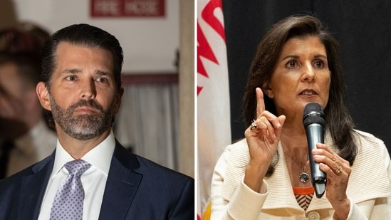 Donald Trump Jr. has said that he would not have his father select his former UN ambassador as a running mate, referring to Nikki Haley (Photographer: Yuki Iwamura/Bloomberg, REUTERS/Christopher Reistroffer/File Photo)