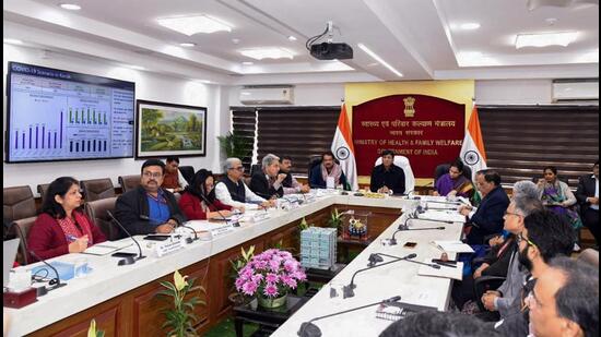 Union health minister Mansukh Mandaviya at a Covid-19 review meeting in New Delhi on December 20. (ANI)