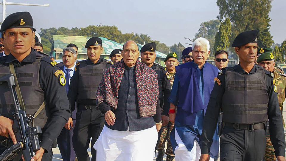 Defence Minister Rajnath Singh with Jammu and Kashmir Lt. Governor Manoj Sinha and Chief of Army Staff General Manoj Pande upon his arrival in Jammu and Kashmir (PTI)