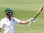 South Africa's Dean Elgar celebrates his century South Africa's Dean Elgar celebrates his century