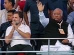 Congress president Mallikarjun Kharge and party leader Rahul Gandhi greet the crowd during the party's ‘Hain Taiyaar Hum’ rally. Congress president Mallikarjun Kharge and party leader Rahul Gandhi greet the crowd during the party's ‘Hain Taiyaar Hum’ rally.