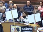 BJP councillors protest inside Municipal Corporation of Delhi (MCD) house on Thursday. BJP councillors protest inside Municipal Corporation of Delhi (MCD) house on Thursday.