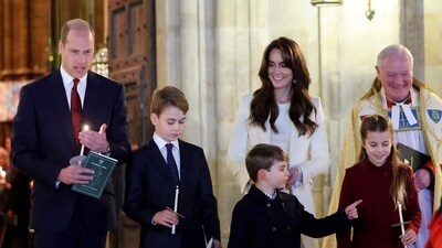 Prince William, Prince of Wales, Prince George of Wales, Prince Louis of Wales, Catherine, Princess of Wales and Princess Charlotte of Wales at Westminster Abbey. (Reuters)