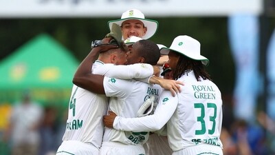 South Africa's Kagiso Rabada celebrates with teammates (REUTERS)