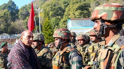 Defence Minister Rajnath Singh interacts with the Army troops during his visit to the border areas of Jammu and Kashmir, on Wednesday. Indian Army Chief General Manoj Pande is also seen. (ANI)