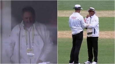 Richard Illingworth arrives at the 3rd umpire's cabin (L) (X) Richard Illingworth arrives at the 3rd umpire's cabin (L) (X)