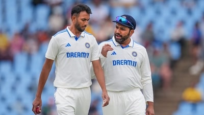Centurion: India's captain Rohit Sharma with bowler Prasidh Krishna during the second day of the first Test cricket match between India and South Africa, at SuperSport Park Stadium (PTI) Centurion: India's captain Rohit Sharma with bowler Prasidh Krishna during the second day of the first Test cricket match between India and South Africa, at SuperSport Park Stadium (PTI)
