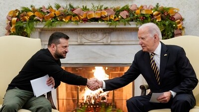 FILE - U.S. President Joe Biden shakes hands with Ukrainian President Volodymyr Zelenskyy as they meet at the White House, Tuesday, Dec. 12, 2023, in Washington. (AP) FILE - U.S. President Joe Biden shakes hands with Ukrainian President Volodymyr Zelenskyy as they meet at the White House, Tuesday, Dec. 12, 2023, in Washington. (AP)