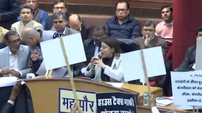 BJP councillors protest inside Municipal Corporation of Delhi (MCD) house on Thursday. BJP councillors protest inside Municipal Corporation of Delhi (MCD) house on Thursday.