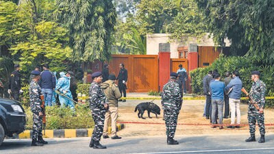Security and forensic officials near the Israeli embassy in the city on Wednesday. (PTI) Security and forensic officials near the Israeli embassy in the city on Wednesday. (PTI)