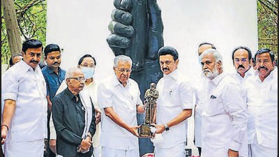 Tamil Nadu Chief Minister MK Stalin and Kerala Chief Minister Pinarayi Vijayan during the centenary ceremony of 'Vaikom Satyagraha', at Periyar Thidal in Chennai on Thursday. (PTI) Tamil Nadu Chief Minister MK Stalin and Kerala Chief Minister Pinarayi Vijayan during the centenary ceremony of 'Vaikom Satyagraha', at Periyar Thidal in Chennai on Thursday. (PTI)