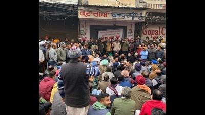 Traders and shopkeepers on Thursday observed a complete shutdown in Kotkapura city in Faridkot district to protest against the law and order situation in the area. (HT Photo)