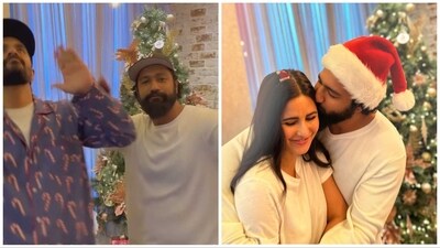 Vicky Kaushal dancing with Angad Bedi (left), and kissing Katrina Kaif on Christmas. Vicky Kaushal dancing with Angad Bedi (left), and kissing Katrina Kaif on Christmas.