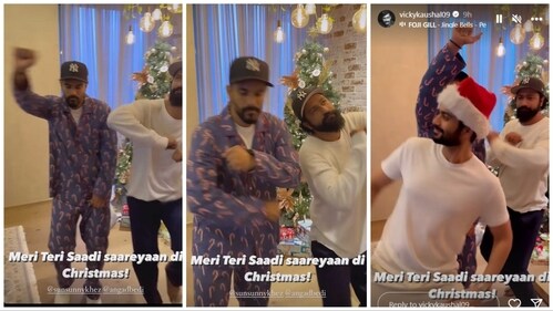 Angad Bedi, Vicky Kaushal and Sunny Kaushal dance at Christmas party. Angad Bedi, Vicky Kaushal and Sunny Kaushal dance at Christmas party.