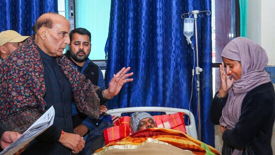 Defence Minister Rajnath Singh visits a civilian allegedly injured in “military custody”, at Government Medical College in Jammu & Kashmir, on Wednesday. (PTI)