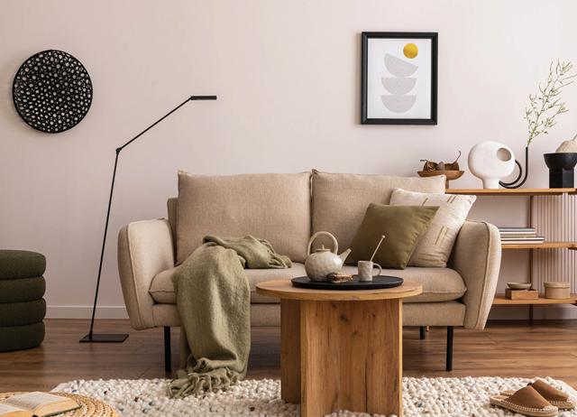 Opt for a sofa with clean lines and a subtle neutral upholstery. Pair it with a sleek coffee table with light-coloured wood or metal accents. (Shutterstock) Opt for a sofa with clean lines and a subtle neutral upholstery. Pair it with a sleek coffee table with light-coloured wood or metal accents. (Shutterstock)