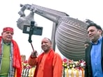 Uttar Pradesh Chief Minister Yogi Adityanath takes a selfie after inspecting the ground where Prime Minister Narendra Modi will be holding a rally on December 30, in Ayodhya on Friday. Uttar Pradesh Chief Minister Yogi Adityanath takes a selfie after inspecting the ground where Prime Minister Narendra Modi will be holding a rally on December 30, in Ayodhya on Friday.