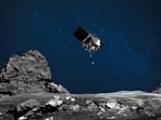 An artist's rendering of the OSIRIS-REx spacecraft descending towards asteroid Bennu to collect a sample of the asteroid’s surface.
