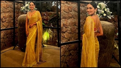 Manushi Chhillar shines in viral laddoo peela saree, nailing the gold trend (Instagram/@manushi_chhillar) Manushi Chhillar shines in viral laddoo peela saree, nailing the gold trend (Instagram/@manushi_chhillar)